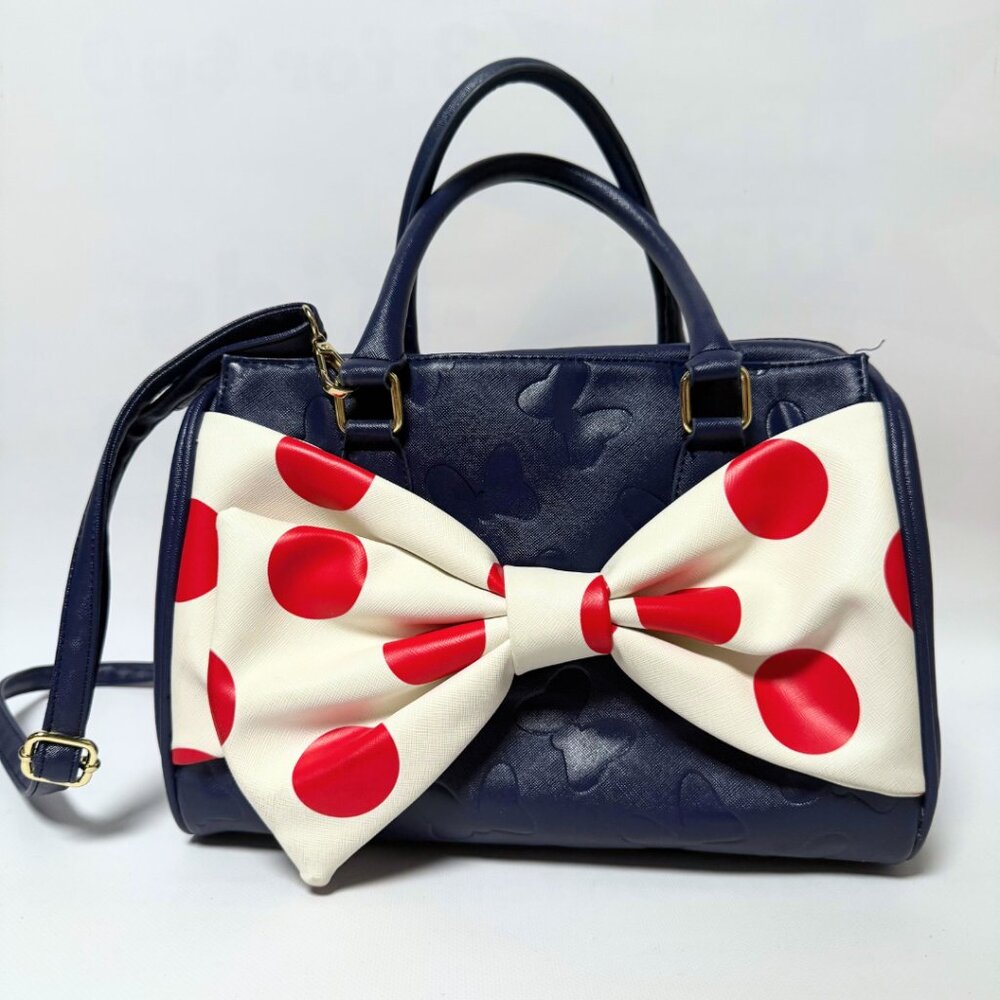 Disney Boutique Minnie Mouse Purse – White & Red Polka Dot Bow, Navy Base